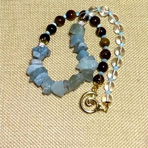 Gold Toggle Aquamarine Tiger Eye Quartz Beads Necklace